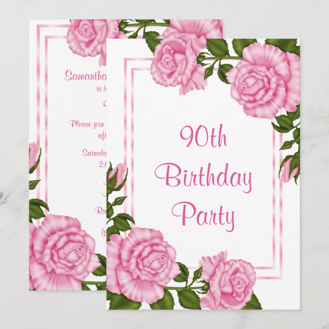 Invitation Jolies bouquets de coin rose 90e anniversaire (Devant / Derrière)