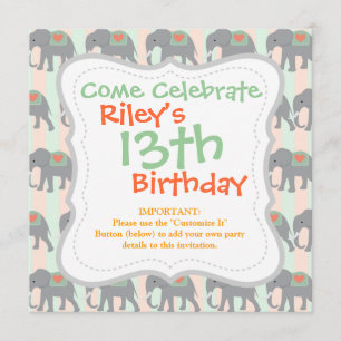 Invitation Jolies éléphants Coral Peach Mint Green Stried