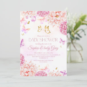 Invitation Jolies fleurs aquarelles et papillon Baby Shower