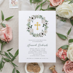 Invitation Jolies fleurs blanches et Feuilles verts   Baptême