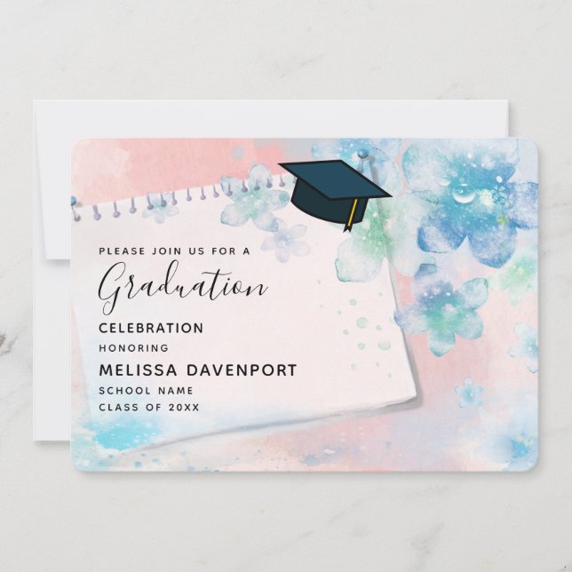 Invitation Jolies fleurs bleues sur Arrière - plan rose (Devant)