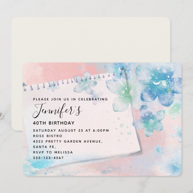 Invitation Jolies fleurs bleues sur rose Arrière - plan Anniv (Devant / Derrière)