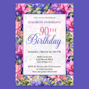 Invitation Jolies Fleurs de Jardin Rose Violet pour 90ème Ann