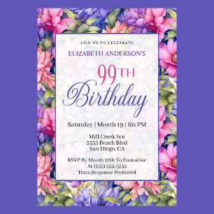 Invitation Jolies Fleurs de Jardin Rose Violet Pour 99e Anniv