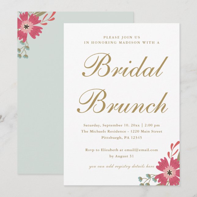 Invitation Jolies Fleurs et Mint Green Bridal Brunch (Devant / Derrière)