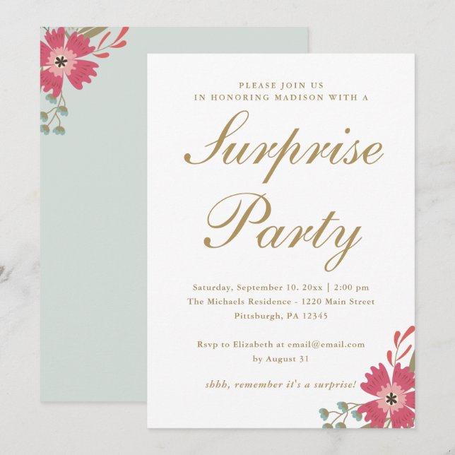 Invitation Jolies Fleurs et Mint Green Surprise Party (Devant / Derrière)