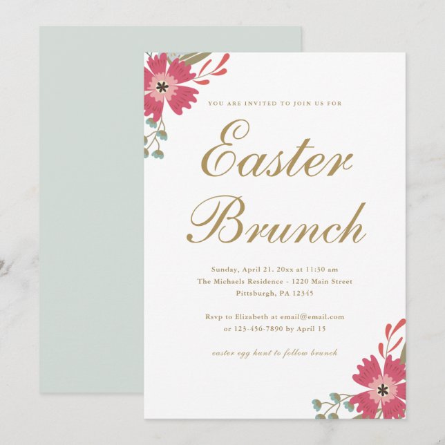 Invitation Jolies Fleurs et Monnaie Vert Brunch de Pâques (Devant / Derrière)