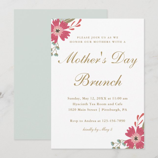 Invitation Jolies Fleurs et Monnaie verte Brunch Fête des Mèr (Devant / Derrière)