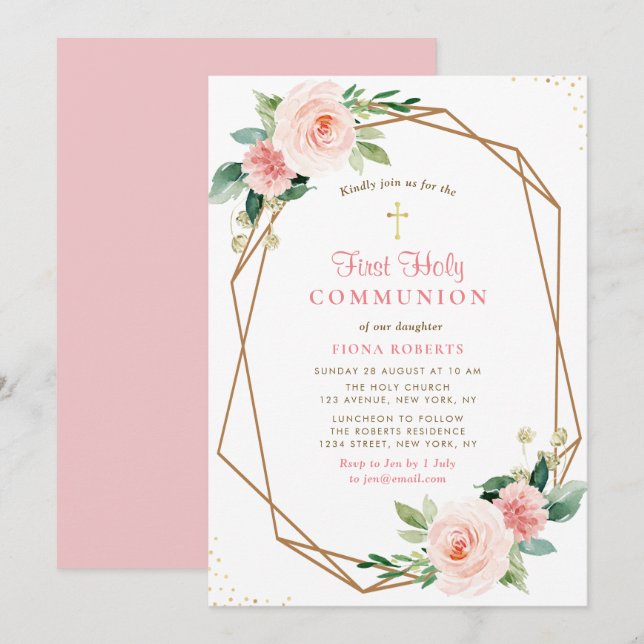 Invitation jolies fleurs roses rousses première communion sai (Devant / Derrière)