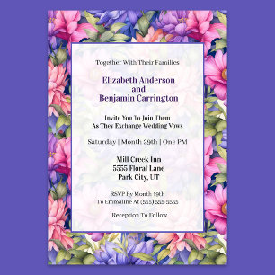 Invitation Jolies Fleurs Roses Violettes pour Mariage de Jard