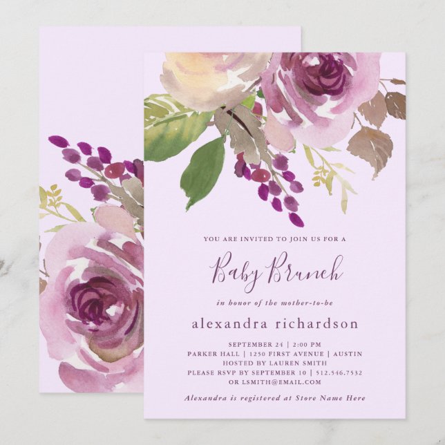 Invitation Jolies fleurs violettes | Brunch pour bébé (Devant / Derrière)