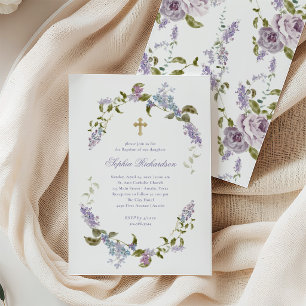 Invitation Jolies Lilas Bleus et Violets et Croix   Baptême