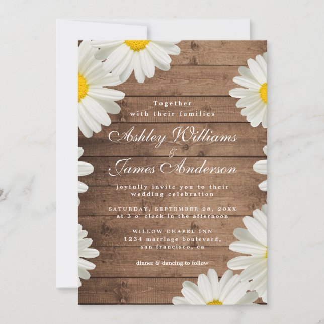 Invitation Jolies marguerites Blanc Floral Rustique Bois Mari (Devant)