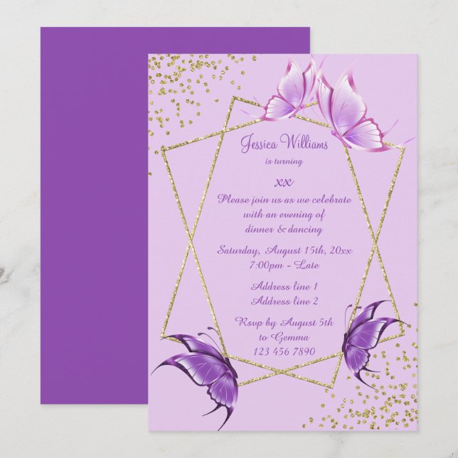 Invitation Jolies papillons, Parties scintillant & Confetti A (Devant / Derrière)