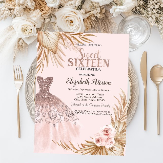 Invitation Jolies Parties scintillant, Robe, Pampas, Rose Swe (Créateur téléchargé)