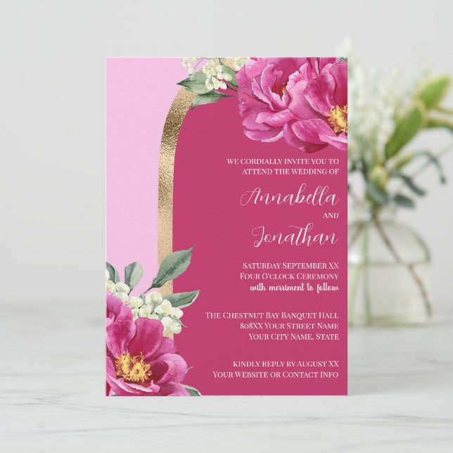 Invitation Jolies pivoines roses avec or sur Mariage rose (Debout devant)