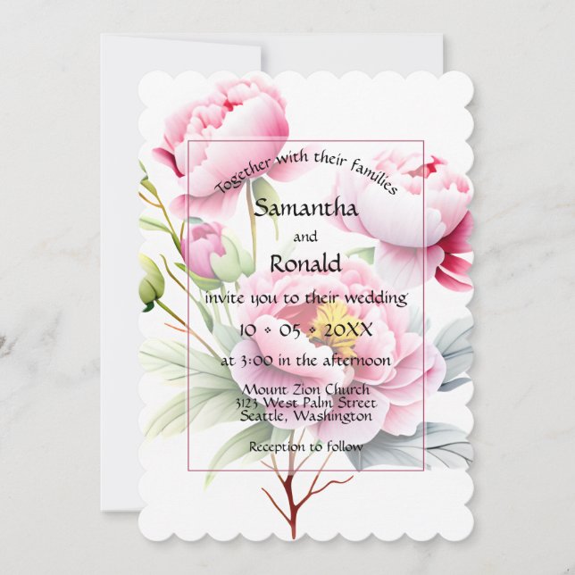 Invitation Jolies pivoines roses sur Mariage blanc (Devant)