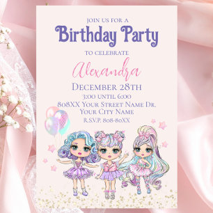 Invitation Jolies poupées pailletées pour l'anniversaire d'un