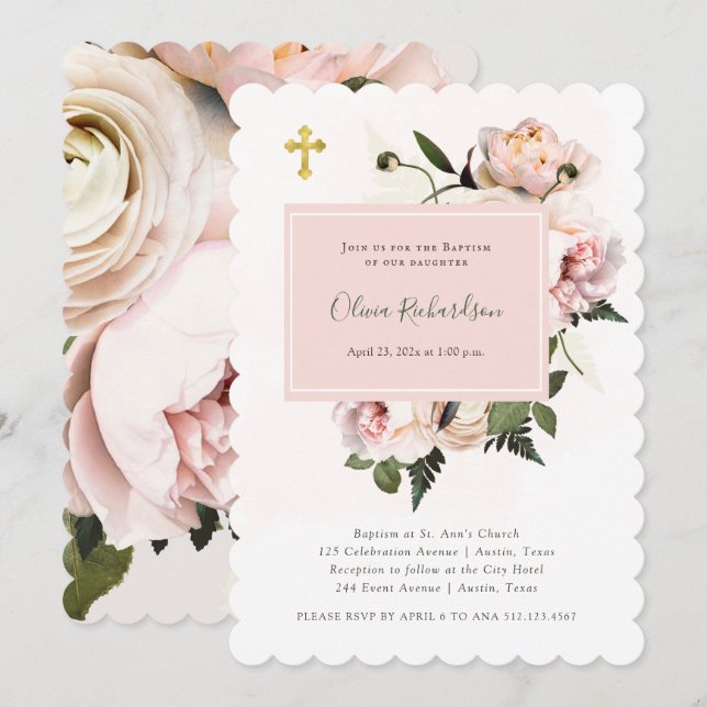 Invitation Jolies roses roses et fougères roses avec or | Bap (Devant / Derrière)