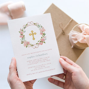Invitation Jolies roses roses roses et Croix d'or Baptême f
