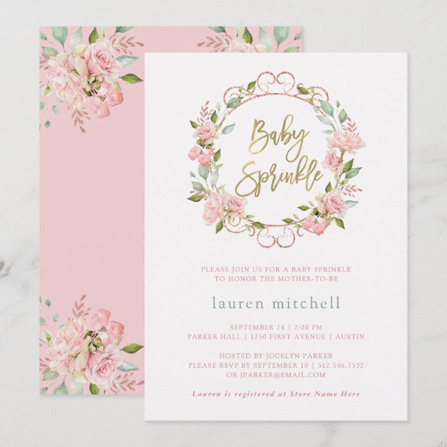 Invitation Jolies roses roses roses et script d'or| Bébé saup (Devant / Derrière)