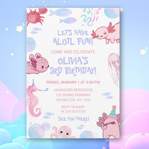 Invitation Jolis Axolotls Sous-Marins Enfants Rose Fête d'Ann