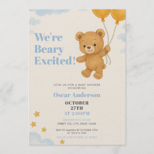 Invitation Jolis Ballons Dorés Aquarelle Ours Baby Shower