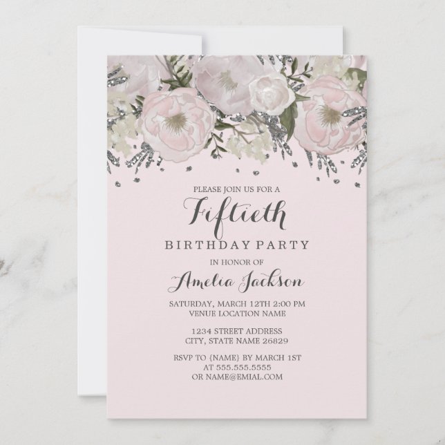 Invitation Jolis Blush rose argent floral 50e anniversaire (Devant)