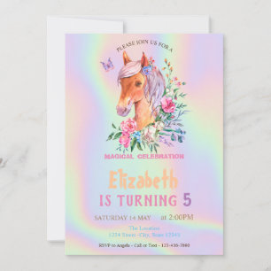 Invitation Jolis fleurs de poney holographiques d'anniversair