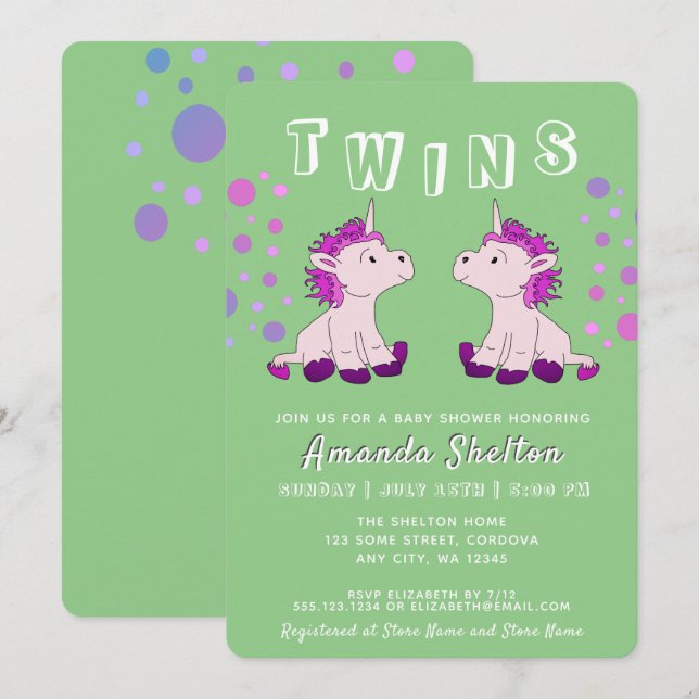 Invitation Jolis jumeaux licorne 2 Bébés Filles Baby Shower (Devant / Derrière)