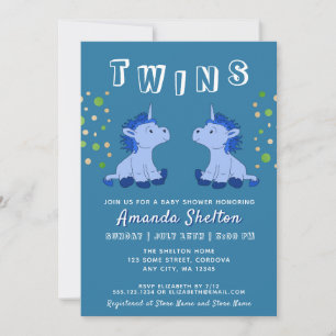 Invitation Jolis jumeaux licornes bleues 2 garçons Baby Showe