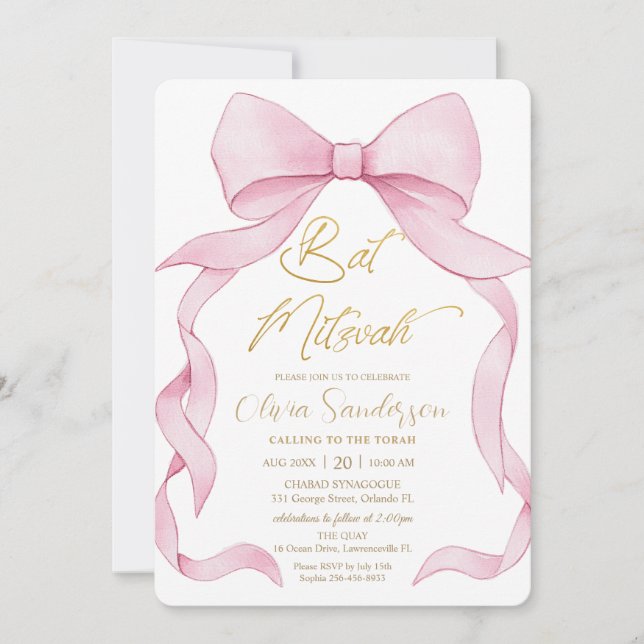 Invitation Jolis noeuds rubans roses Coquette pour Bat Mitzva (Devant)