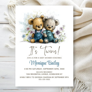 Invitation Jolis Oursons Jumeaux Baby Shower