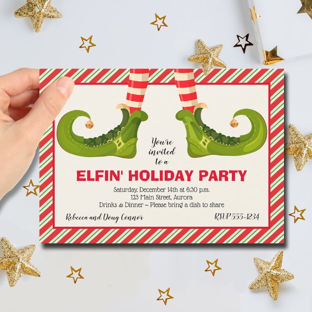 Invitation Jolly Christmas Elf Legs (Jolly Christmas Elf Legs Stripes Holiday Party Invitations)