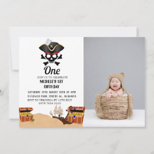 Invitation Jolly roger Pirate   Simple photo de premier anniv