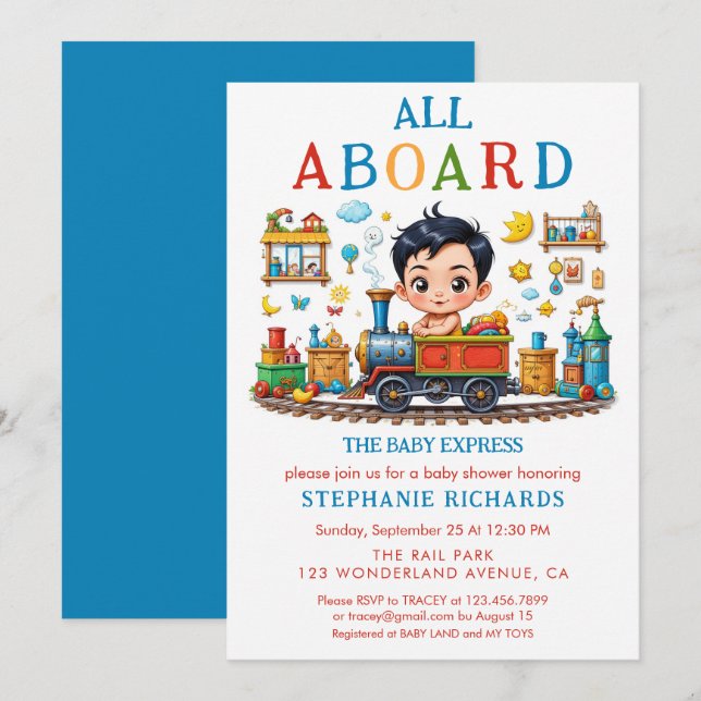 Invitation Jote Baby shower de train rouge bleu garçon Invita (Devant / Derrière)