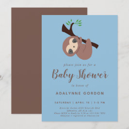 Invitation Jote Baby shower Sloth Boy Bleu Brown Kawaii