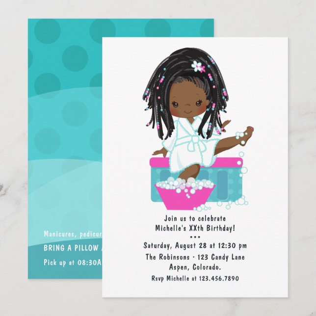 Invitation Jote Black Girl Spa Sleepover fête d'anniversaire (Devant / Derrière)