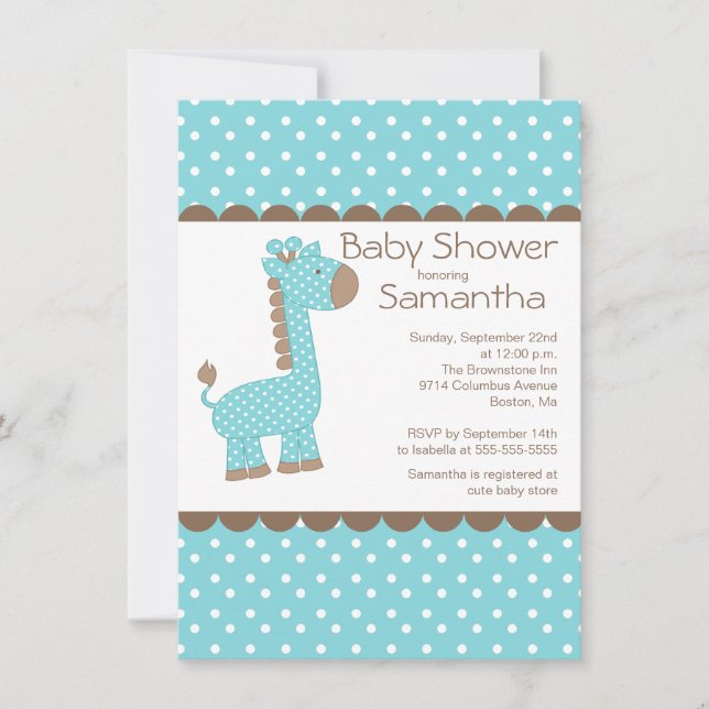 Invitation Jote Brown Blue Giraffe Boys Baby shower (Devant)