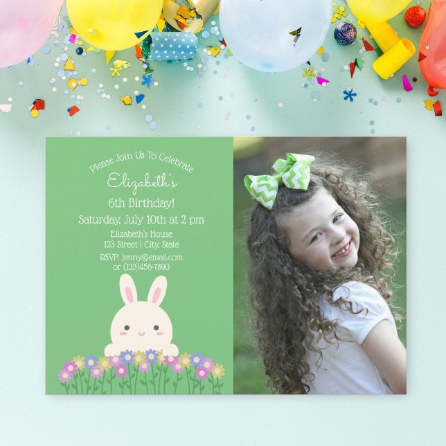 Invitation Jote Bunny & Flower Sage Green Photo Anniversaire  (Créateur téléchargé)
