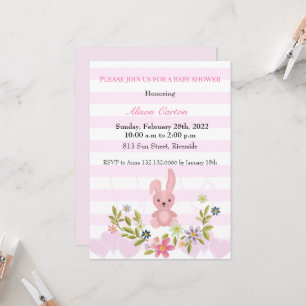 Invitation Jote Bunny rose rayures bébé douche fille