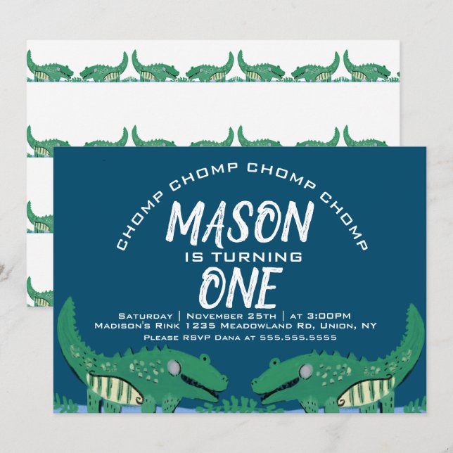 Invitation Jote Chomping Alligator Safari fête d'anniversaire (Devant / Derrière)