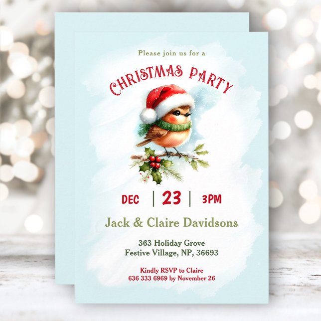 Invitation Jote hiver Robin Oiseau Santa Hat Noël (Cute Winter Robin Bird Santa Hat Christmas Party Invitation)