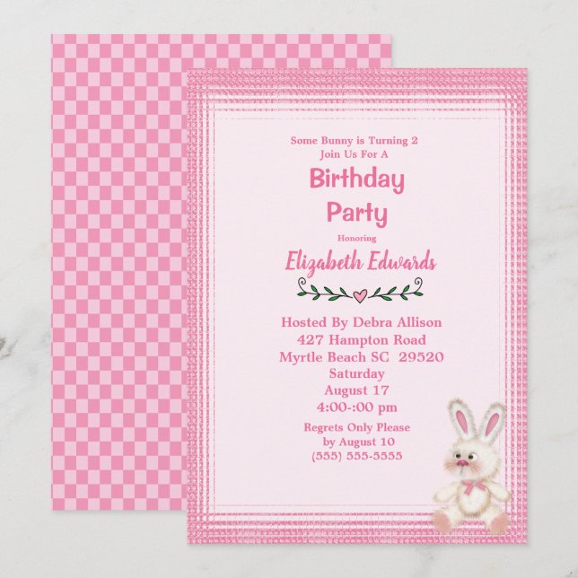Invitation Jote Lapin Lapin Fête d'Anniversaire (Devant / Derrière)