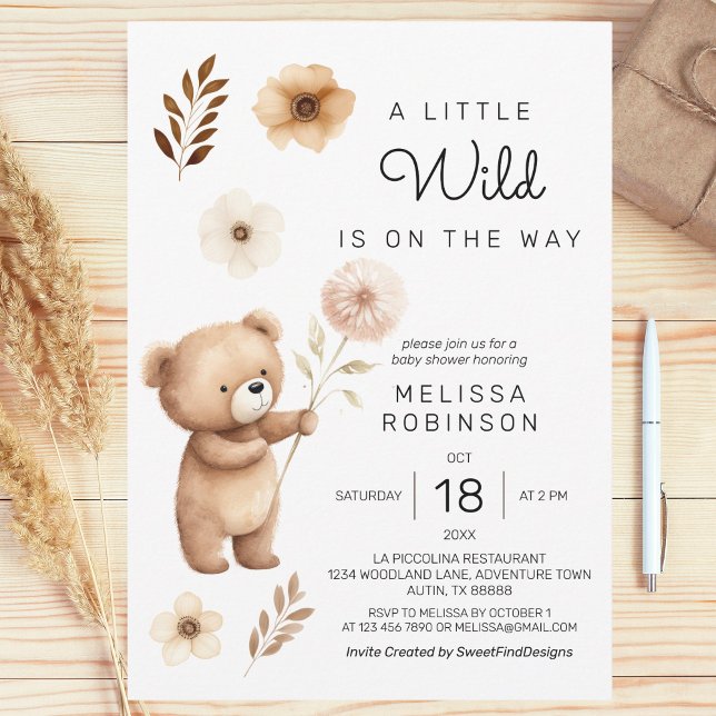 Invitation Jote Ours Sauvage Fleurs Boho Baby Boy Douche (Cute Wild Bear Boho Flowers Baby Boy Shower Invitation)