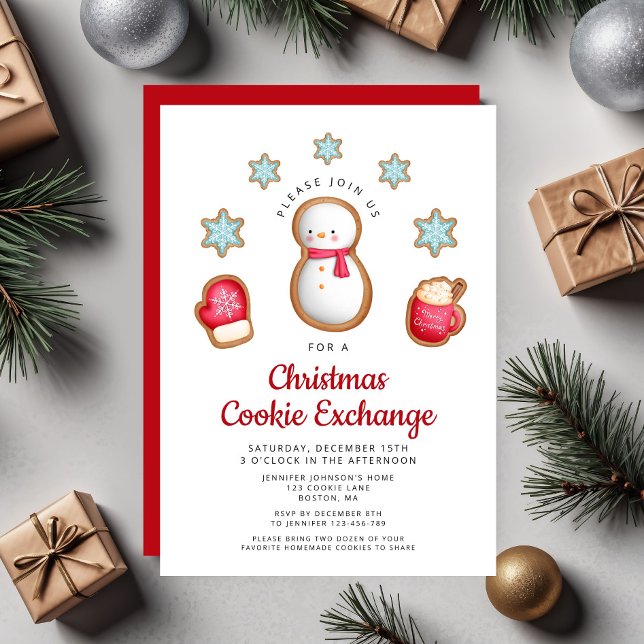 Invitation Jote Red Snowman Christmas Échange de biscuits (Cute Red Snowman Christmas Cookie Exchange Invitation)