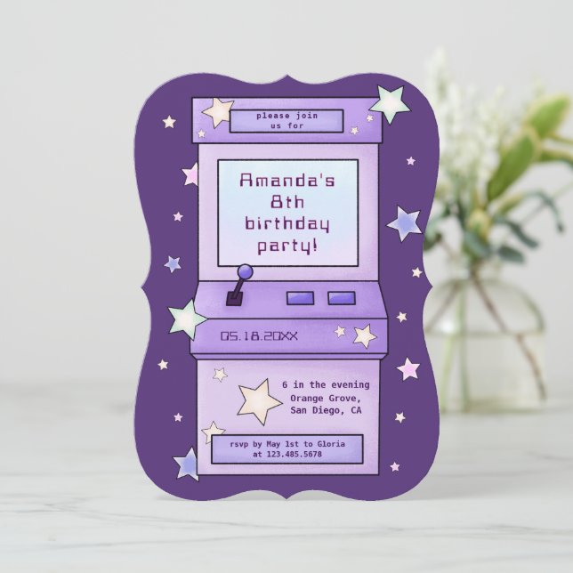 Invitation Jote Retro Purple Arcade Anniversaire de enfant de (Debout devant)