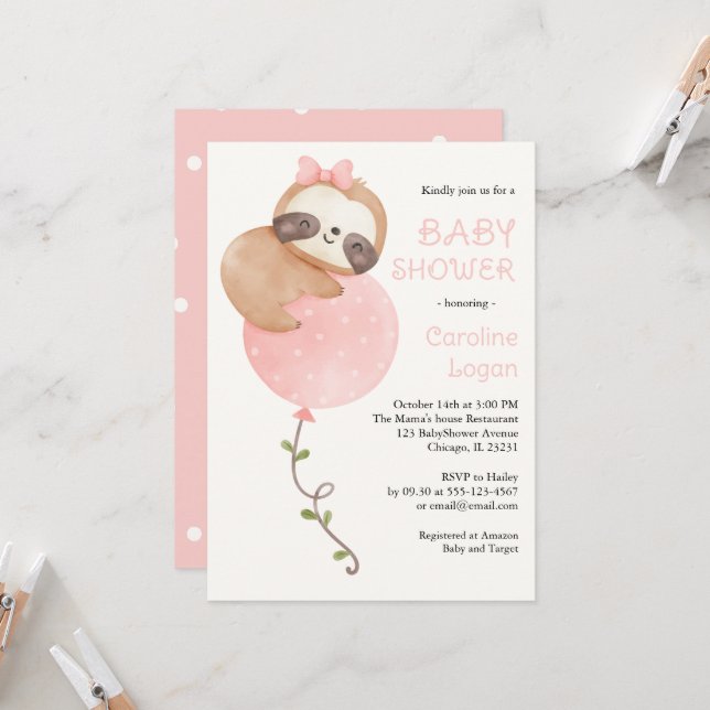 Invitation Jote Sloth Baby Girl Baby shower (Devant/Arrière en situation)