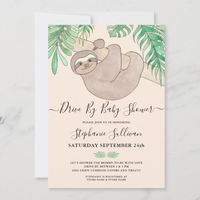 Invitation Jote Sloth Jungle Animal Drive Par Baby shower (Devant)