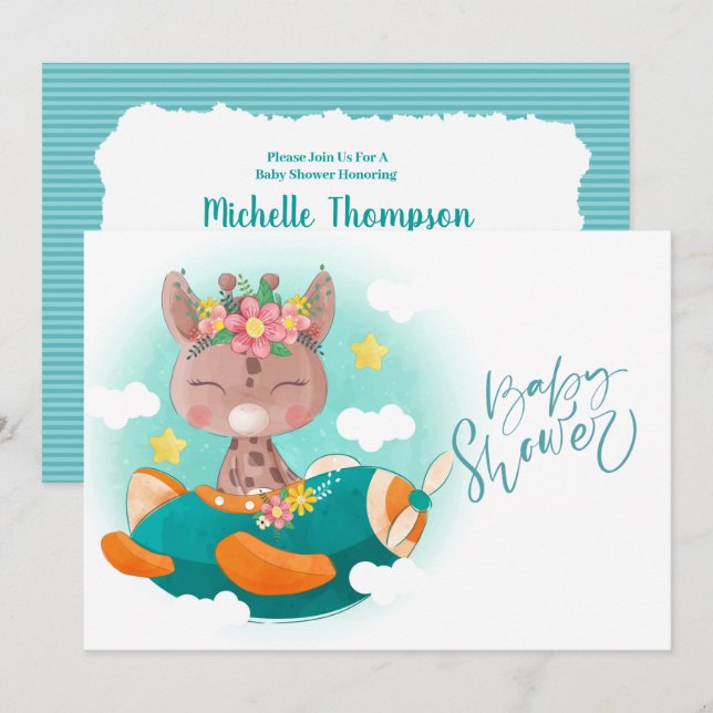 Invitation Jote Turquoise avion Baby shower girafe (Devant / Derrière)